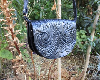 Small Leather Saddle Bag with Embossed Print, Handmade Greek Leather Bag, Tooled Leather Purse, Women's Crossbody Bag, Handcrafted Bag