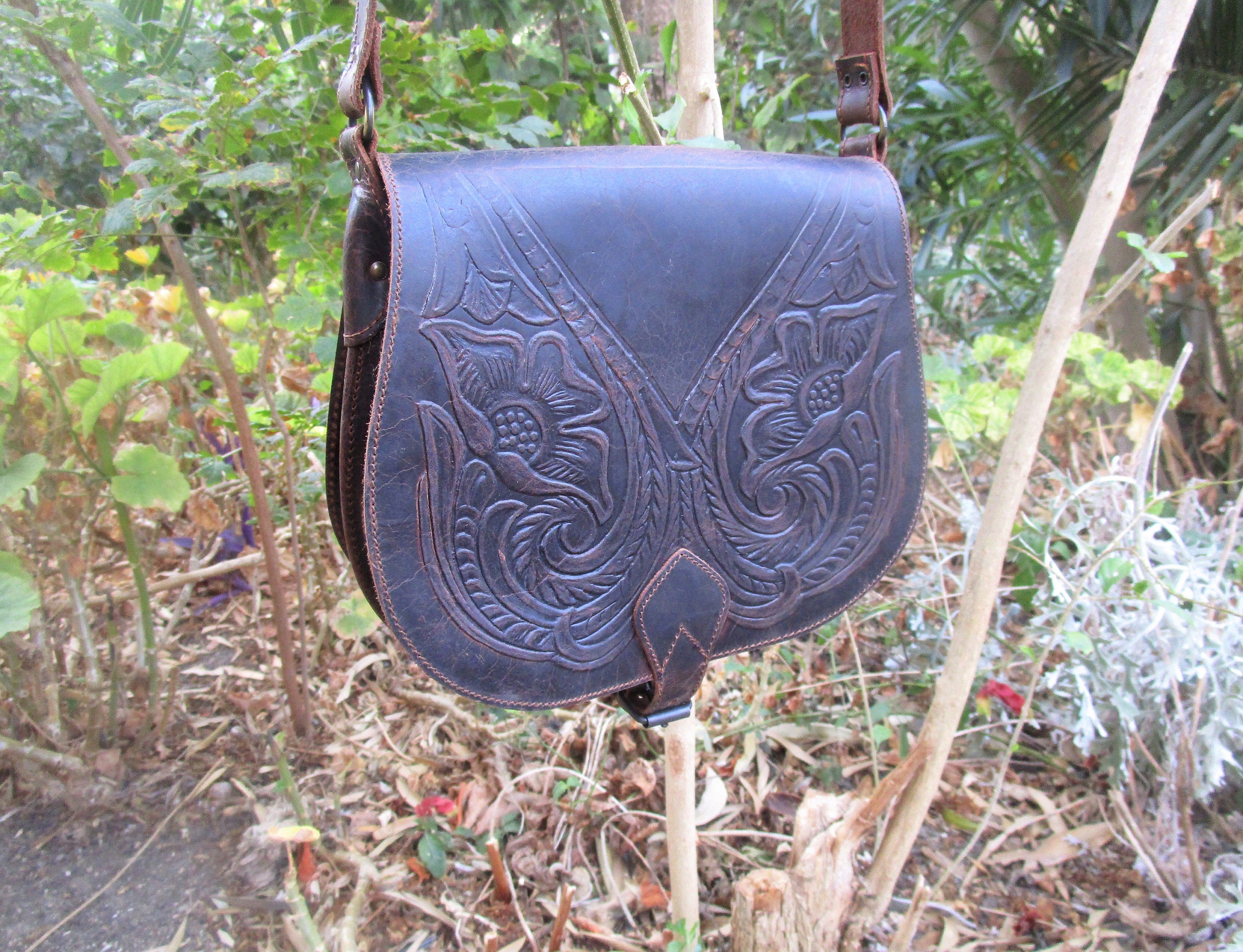 Leather Saddle Bag With Embossed Floral Print Handmade Greek