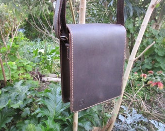 Handmade Greek Leather Vertical Crossbody Messenger Bag with Full Flap