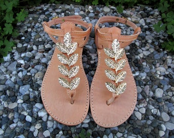 Handmade Greek Leather Sandals, Gold Laurel Leaf Sandals, Decorated T-Strap Sandals, Elegant Upscale Real Leather Sandals