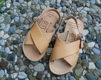 Children's Greek Leather Sandals, Kid's Cross Strap Slingback Sandals in Natural Color, Traditional Handmade Sandals, Real Leather Sandals