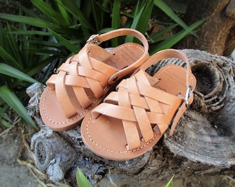 Children's Greek Leather Sandals, Kid's Multi Strap Woven Sandals in Natural Color, Traditional Handmade Sandals, Real Leather Sandals