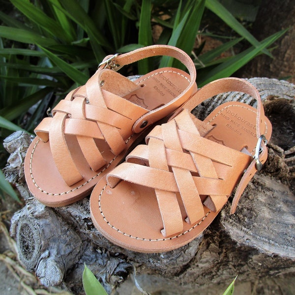 Children's Greek Leather Sandals, Kid's Multi Strap Woven Sandals in Natural Color, Traditional Handmade Sandals, Real Leather Sandals