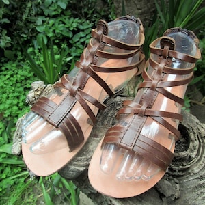 Griekse leren damessandalen, sandalen met meerdere banden, handgemaakte gladiatorsandalen, echte leren open teenschoenen met rits