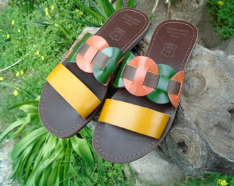 Slide Sandals, Handmade Greek Leather Sandals, Women's Real Leather Multicolor Slides