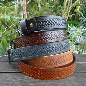 Handmade Real Leather Belt with Embossed Woven Pattern: 3.5cm (1.3") Wide