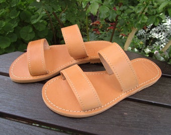 Women's Handmade Greek Leather Two Strap Slide Sandals with Cushioned Insole Option