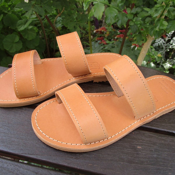 Women's Handmade Greek Leather Two Strap Slide Sandals with Cushioned Insole Option