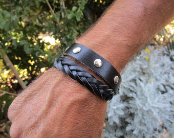 Handmade Leather Bracelet, Black Leather Wrap Around Bracelet, Greek Leather Wristband, Braided Cuff Bracelet