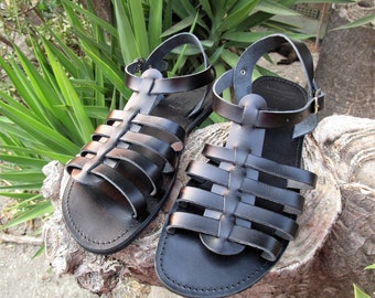 Men's Handmade Greek Leather Multi-Strap Sandals in Black