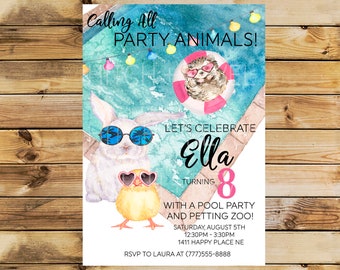 Pool party Animal Birthday Invitation | Petting Zoo Birthday invitation | Kids Birthday Invitation | Bunny Rabbit | Chick | hedgehog