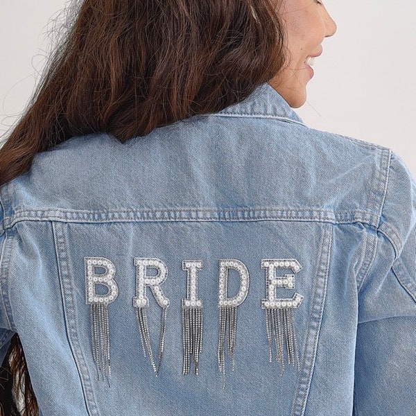 Pearl BRIDE Letters with Sparkling Diamanté Tassels - Easy Adhesive Backing for DIY Wedding Crafts - Denim Jacket Bride Adhesive Patches