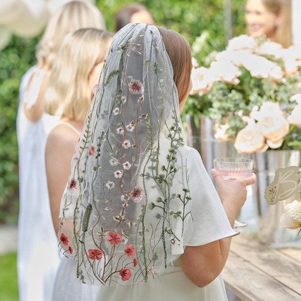 Floral Embroidered Bride Hen Party Veil - Delicate Embroidered Flowers for the Perfect Boho Bride
