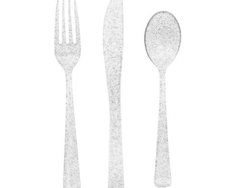 Silver Glitter Cutlery Set, Hen Party Cutlery, 18 Piece Party Cutlery Set, Glitter Hen Party Cutlery Set, Silver Glitter Hen Party Decor
