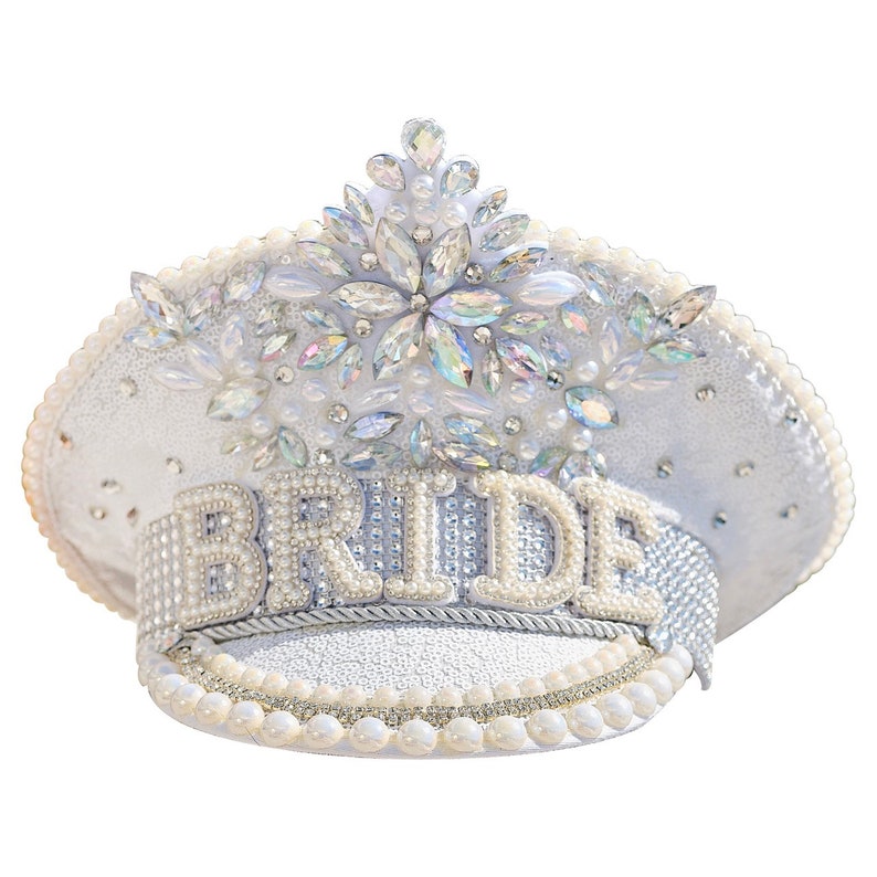 Bride Glitter Hat, Bride Pearl Embellished Hat, Bridal Glitter Captains Hat, Bride Jewelled Hat, Bride Pearl Glitter Hat image 7