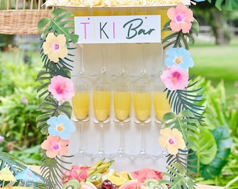 Tiki Bar Champagne Drinks Stand with Grazing Board, Tropical Pool Party Drinks Stand