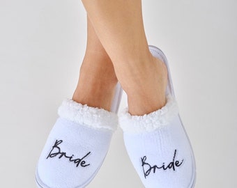 Cozy Fluffy White Bridal Slippers | Embroidered 'Bride' | One Size Fits All | Wedding Essential