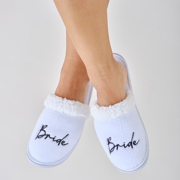 Cozy Fluffy White Bridal Slippers | Embroidered 'Bride' | One Size Fits All | Wedding Essential