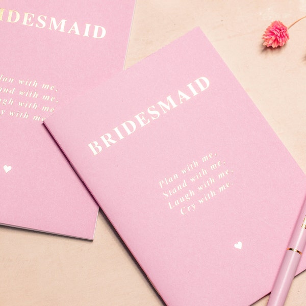Cuaderno de dama de honor A6 - Tarjeta rosa con detalles de lámina dorada - Planificación de despedida de soltera