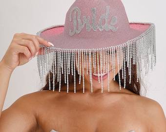 Sparkling Pink Glitter Bride Cowgirl Hat with Diamanté Tassels - Last Rodeo Hen Party Accessory