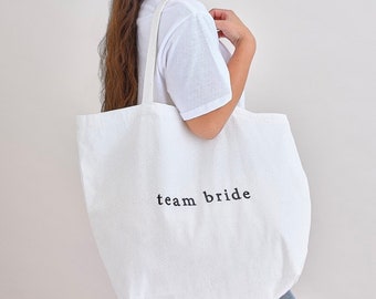 Stylish Team Bride Tote | White Embroidered Design | Oversized 55cm x 71cm | Destination Hen Party Gift