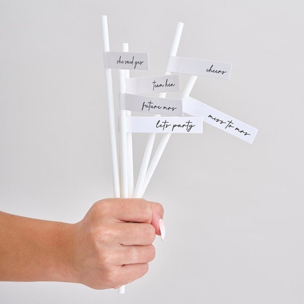 16 Hen Party Flag Straws | White with Black Hen Party Designs | Stylish Party Essential