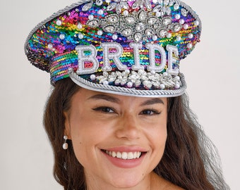 Rainbow Glitter Bride Captain's Hat - Sparkling Sequins and Pearls - Rainbow Bride Glitter Cap