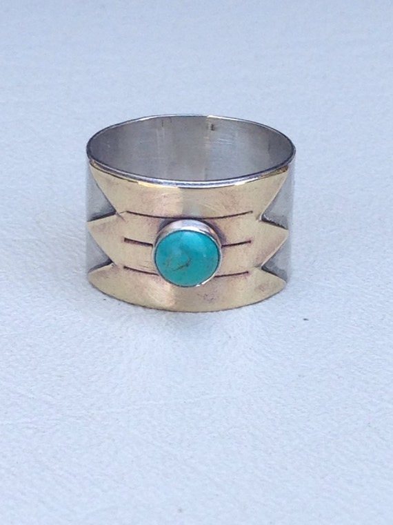 Sterling silver ring with brass design and turquoise stone | Etsy