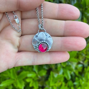 Flower pendant handmade sterling silver lab grown ruby 18” sterling silver chain