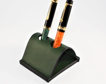 Pen Holder for Desk, Executive Fountain Pen Case, Green Leather 2 Pen Holder, Desk Pen Holder, Fountain Pen Stand, Gifts Personalized