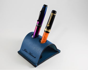 Pen Holder, Executive Fountain Pen Case, Blue Leather 1 to 10 Pen Holder for Desk, Desk Pen Holder, Fountain Pen Stand Personalized