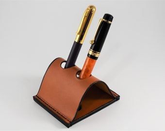 Fountain Pen Stand, Desk Pen Holder, Tan Leather 2 Pen Holder for Desk, Fountain Pen Case, Pen Holder, Fountain Pen Holder Personalized