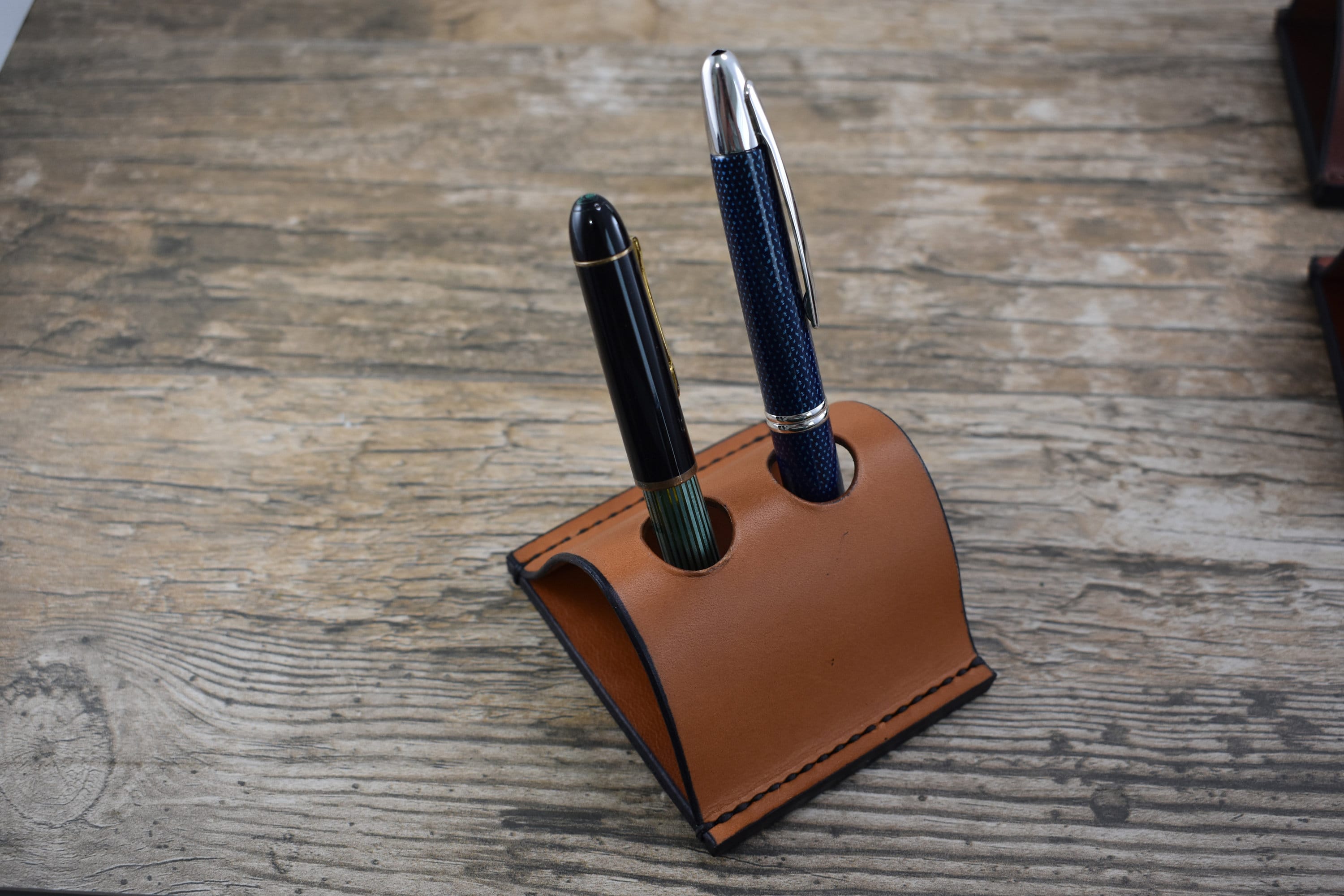 Fountain Pen Stand Desk Pen Holder Tan Leather 2 Pen Holder Etsy
