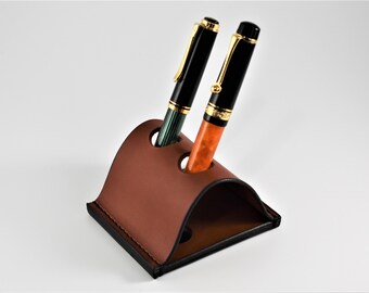 Desk Pen Holder, Pen Holder for Desk, Chestnut Leather 2 Fountain Pen Case, Pen Holder, Fountain Pen Stand, Luxury Bosses Gifts Personalized