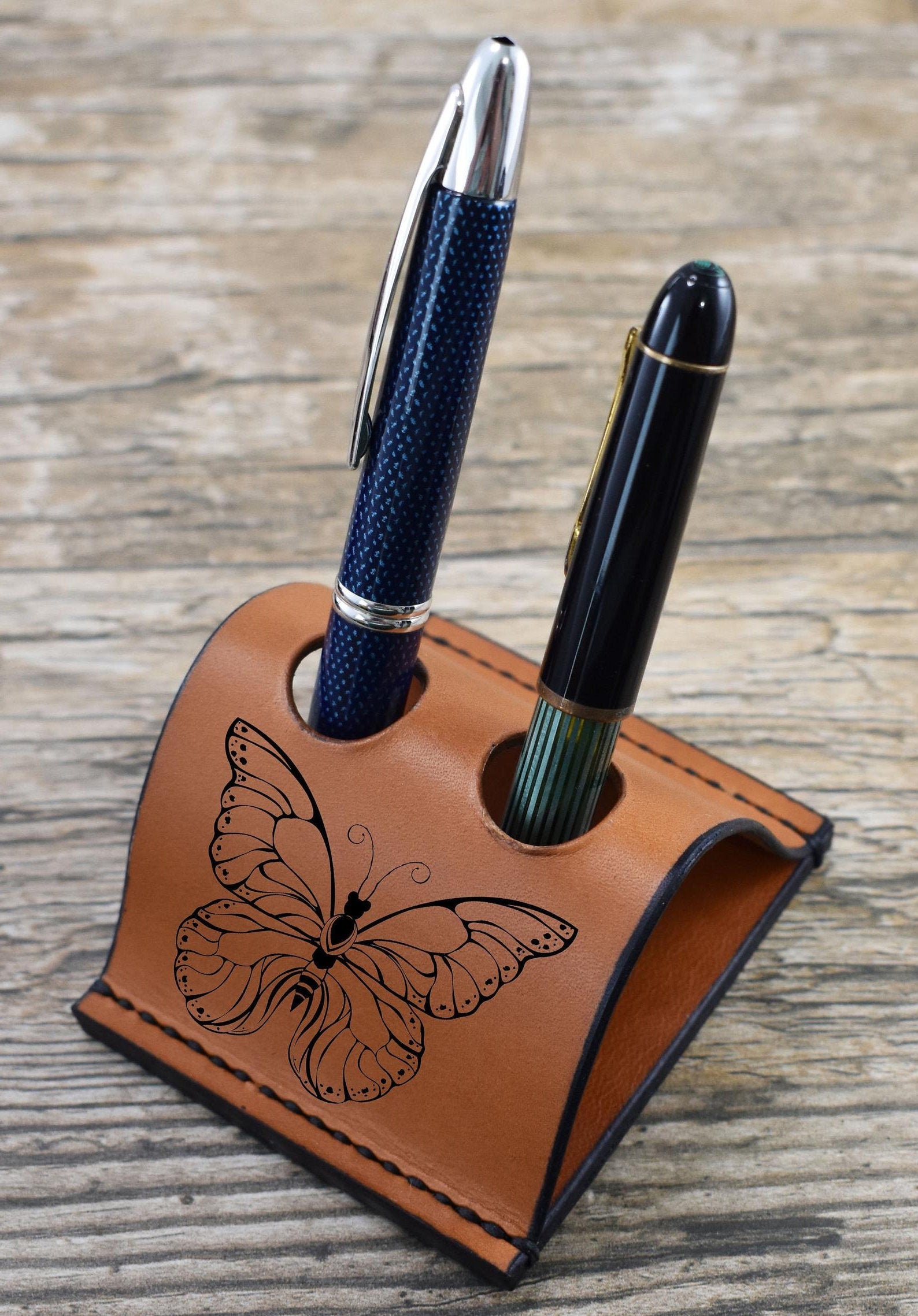 Fountain Pen Stand Desk Pen Holder Tan Leather 2 Pen Holder Etsy