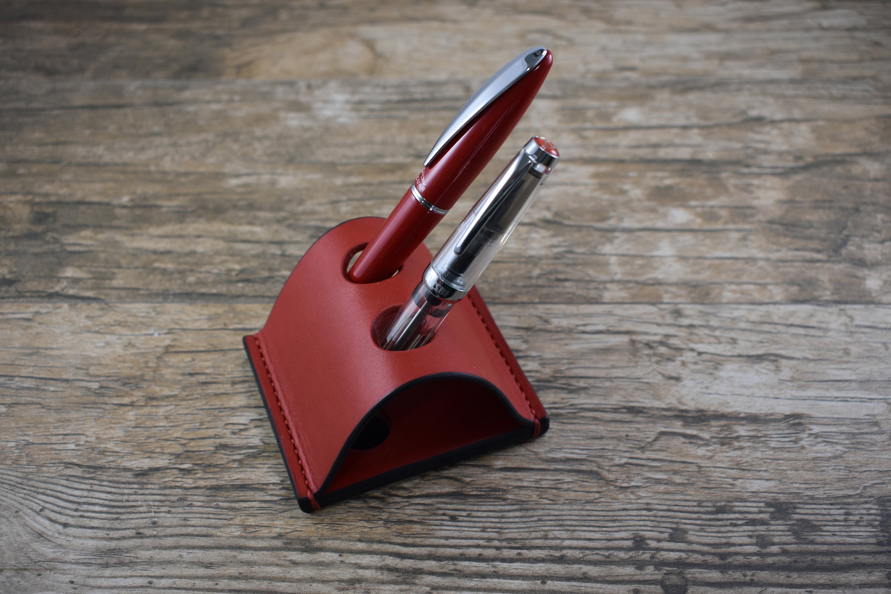 Fountain Pen Holder Fountain Pen Stand Red Leather 2 Desk Etsy
