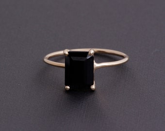 Emerald Cut Black Onyx Ring, 14k Yellow Gold Basket Wire Ring