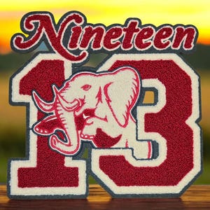 May include: A red and white patch with the word "Nineteen" above the number "13". An elephant graphic is in the center. The patch has a textured, stitched appearance with a white and gray border.