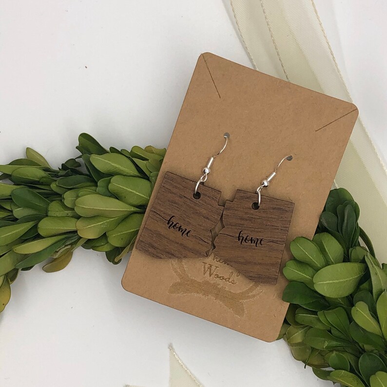 State \u201chome\u201d walnut wood earrings