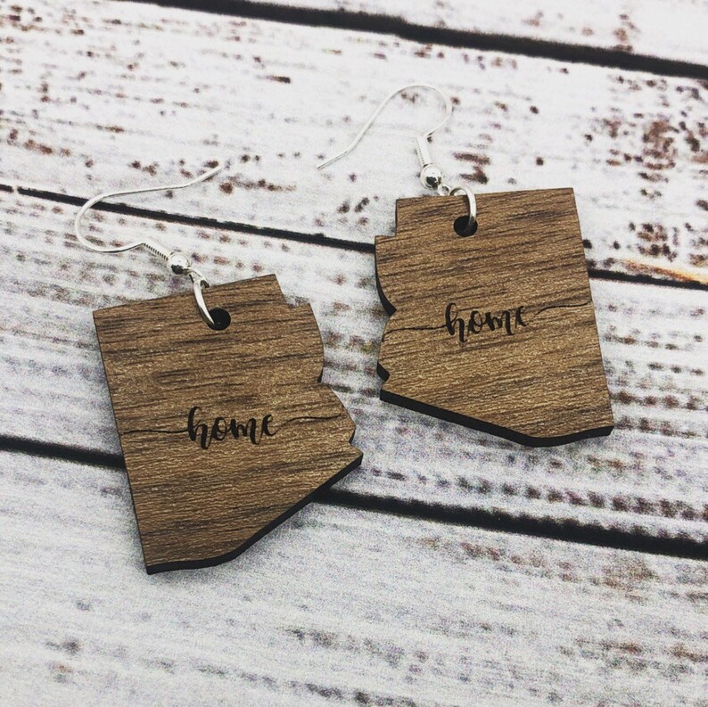 State \u201chome\u201d walnut wood earrings