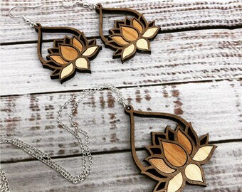 Lotus necklace & earring set - Lotus Flower pendant set with sterling silver chain