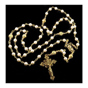 Unbreakable Catholic Rosary, Cream White Crystal Pearls, Gold Color Acrylic Rose Accents, Detailed Antique Gold Crucifix