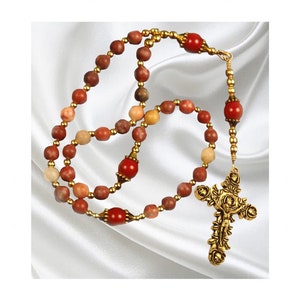 Orthodox Rosary, Red Italian Onyx and Red Jasper Beaded Rosary, Gold Tone Crucifix, Greek Chotki, Orthodox Gift, Ornate Rose Crucifix
