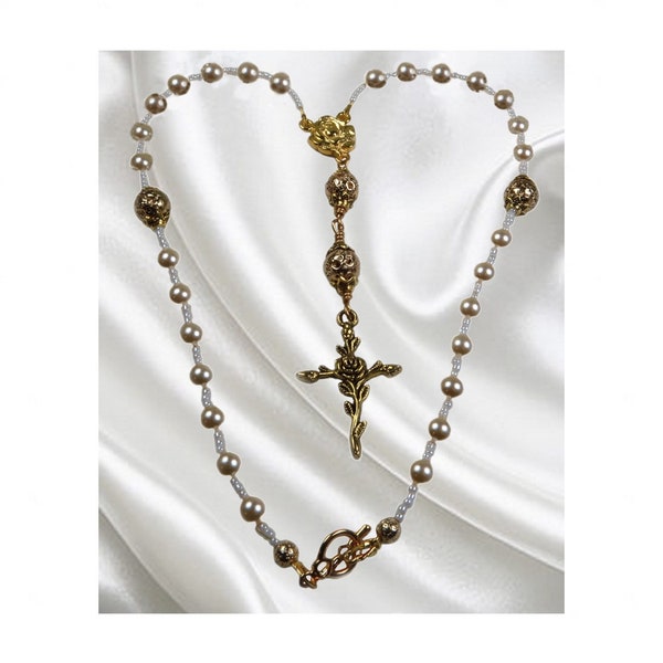 Anglican Rosary Necklace, Made With Light Gold Glass Pearls, Toggle Clasp and Gold Plated Cross