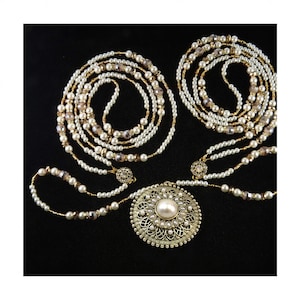 Handmade Wedding Lasso, el Lazo de Boda, Non Denominational Lasso, White Ivory Pearl and Antique Gold Tone Pendant, Beaded Lasso