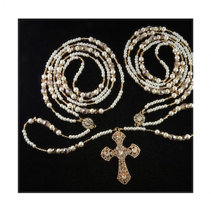 Wedding Lasso, el Lazo de Boda, Handmade Lasso, Non Denominational White Ivory Pearl and Gold Tones Rhinestone Cross, Beaded Lazo
