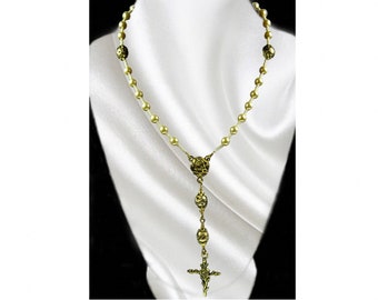 Anglican Rosary Necklace, Glass Pearl Beads, Gold Plated Lava Rock with Gold Tone Bead Caps. Gold Plated Cross with Roses