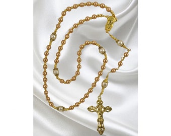 Handmade Catholic Rosary: Gold Pearl Fleur de Lis Crucifix