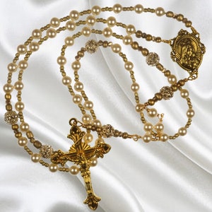 Catholic Rosary Cream White Crystal Pearls with Gold Tone Ornate Crucifix