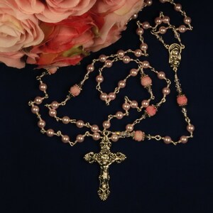 Unbreakable Rosary, Handmade Catholic Rosary, Pink Glass Pearls and Bamboo Coral Beads, Beaded Rosary, Lutheran Rosary